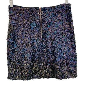 Free People- black & blue sequin mini skirt with rose gold zip- 6